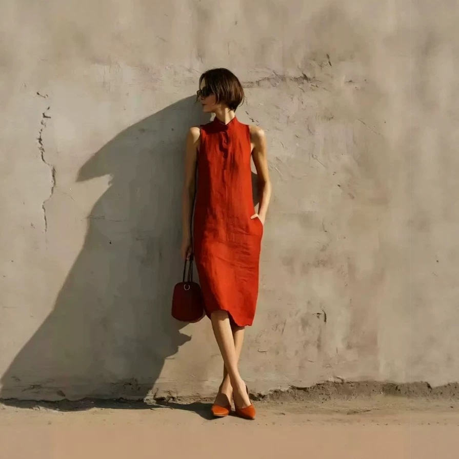 Sleeveless Linen Straight Dress Minimalist Textured Cotton-Linen Midi