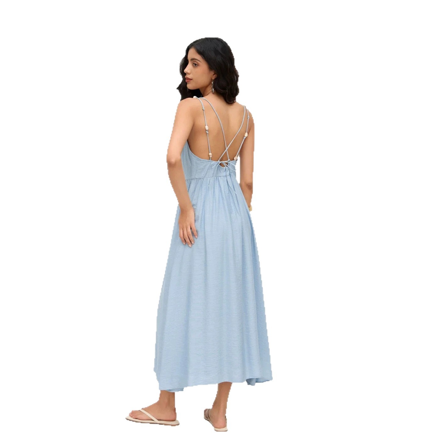 Women's Open Back V-Neck Maxi Dress Sleeveless High Waist Flowy Summer Casual