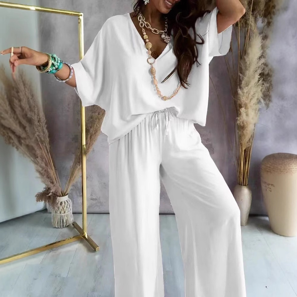 V-Neck Batwing Sleeve Wide-Leg Pants Set Women Casual Loose Two-Piece