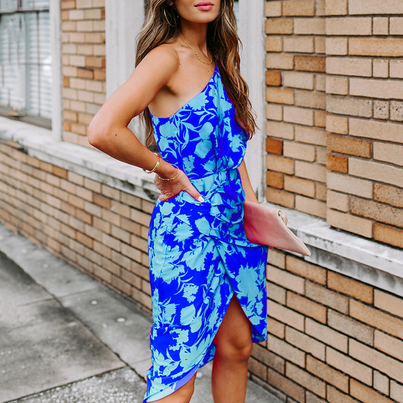 Sexy One-Shoulder Open-Back Print Midi Dress