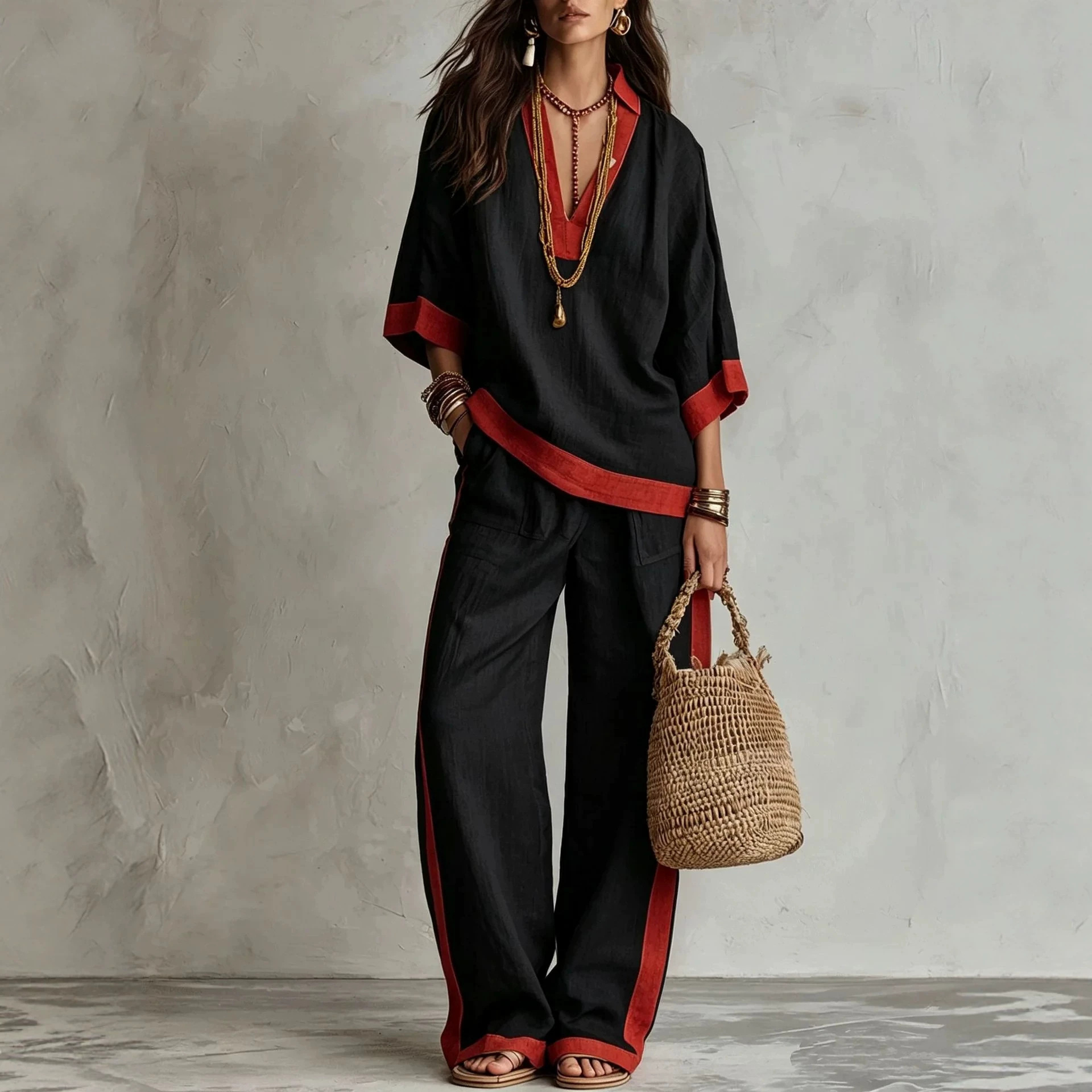 Color-Block Linen-Look V-Neck Top & Wide-Leg Pants Set
