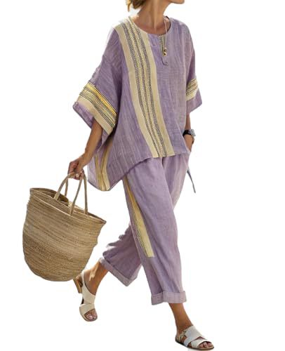 Women's Striped Print Crewneck 3/4 Sleeve Top & Pants Casual Set