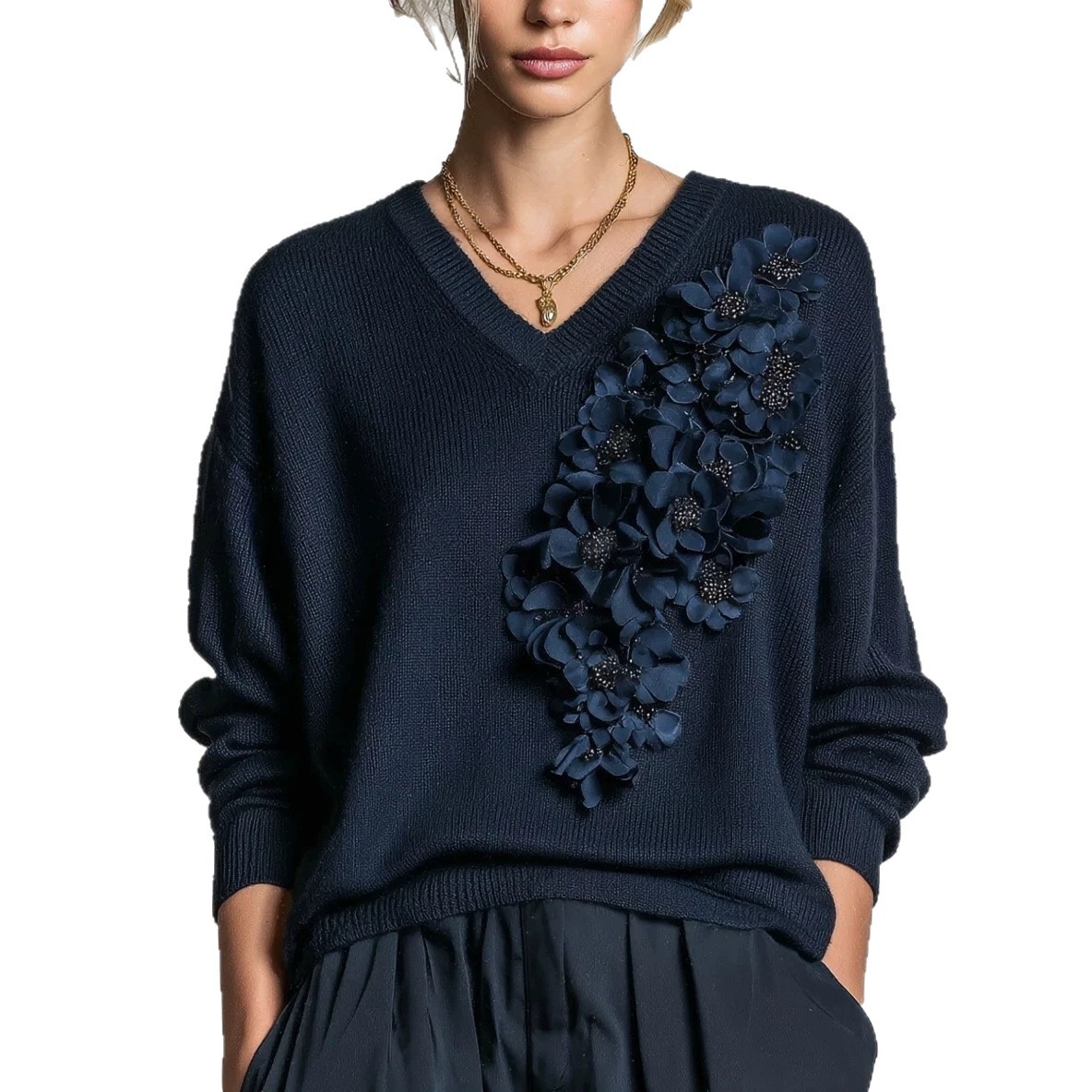 3D Floral V-Neck Knit Sweater
