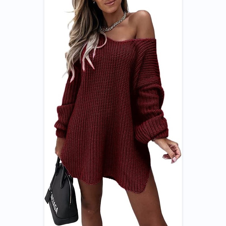 Women's Solid Loose V-Neck Pullover Knit Sweater
