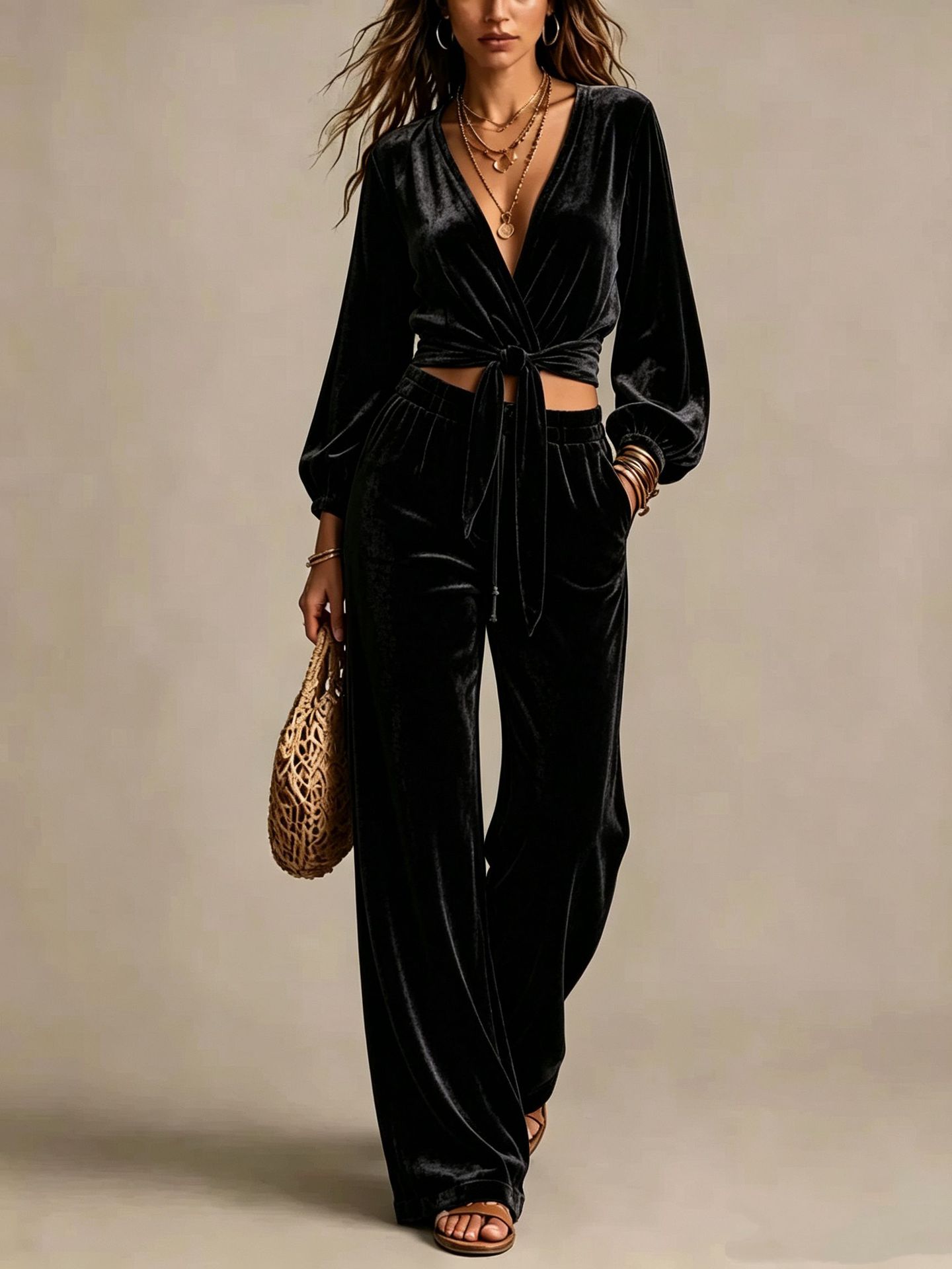 Corduroy V-Neck Cinched Waist Two-Piece Pants Set
