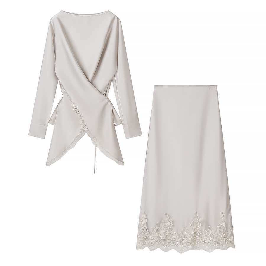 Asymmetric Satin Lace Skirt Set Long Sleeve Shirt