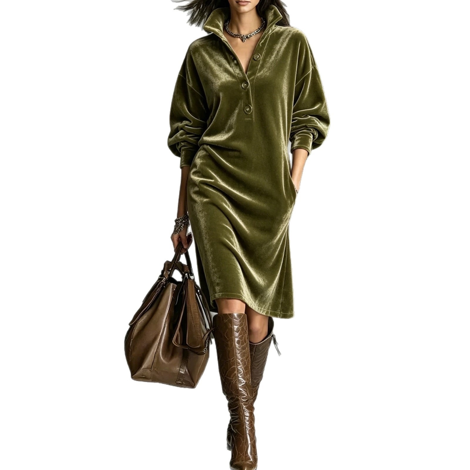 Velvet Button-Front Collared Loose Straight Midi Dress