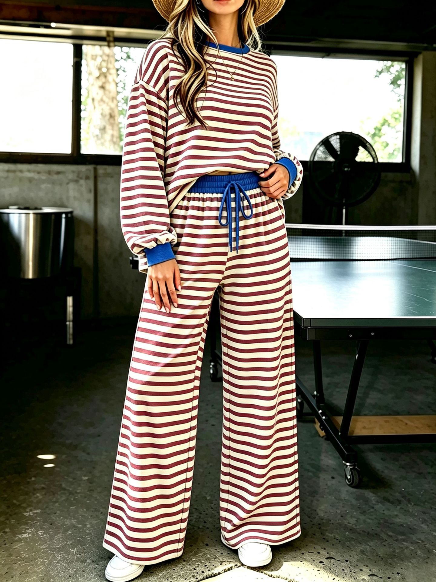 High-Waist Striped Wide-Leg Two-Piece Pants Set Women