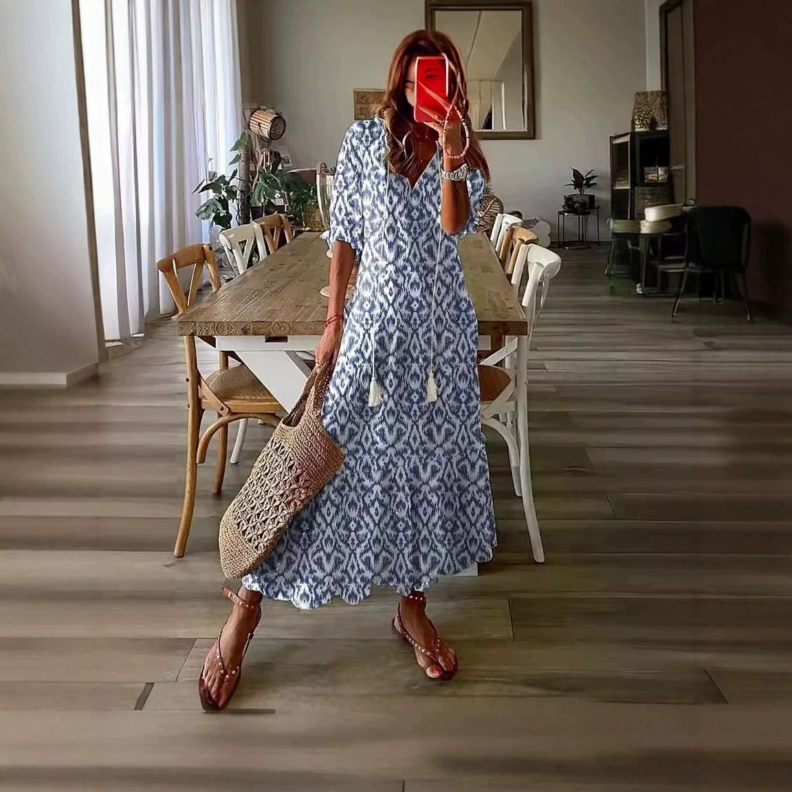 Casual Sweet Loose V-Neck Fringe Midi Long Dress