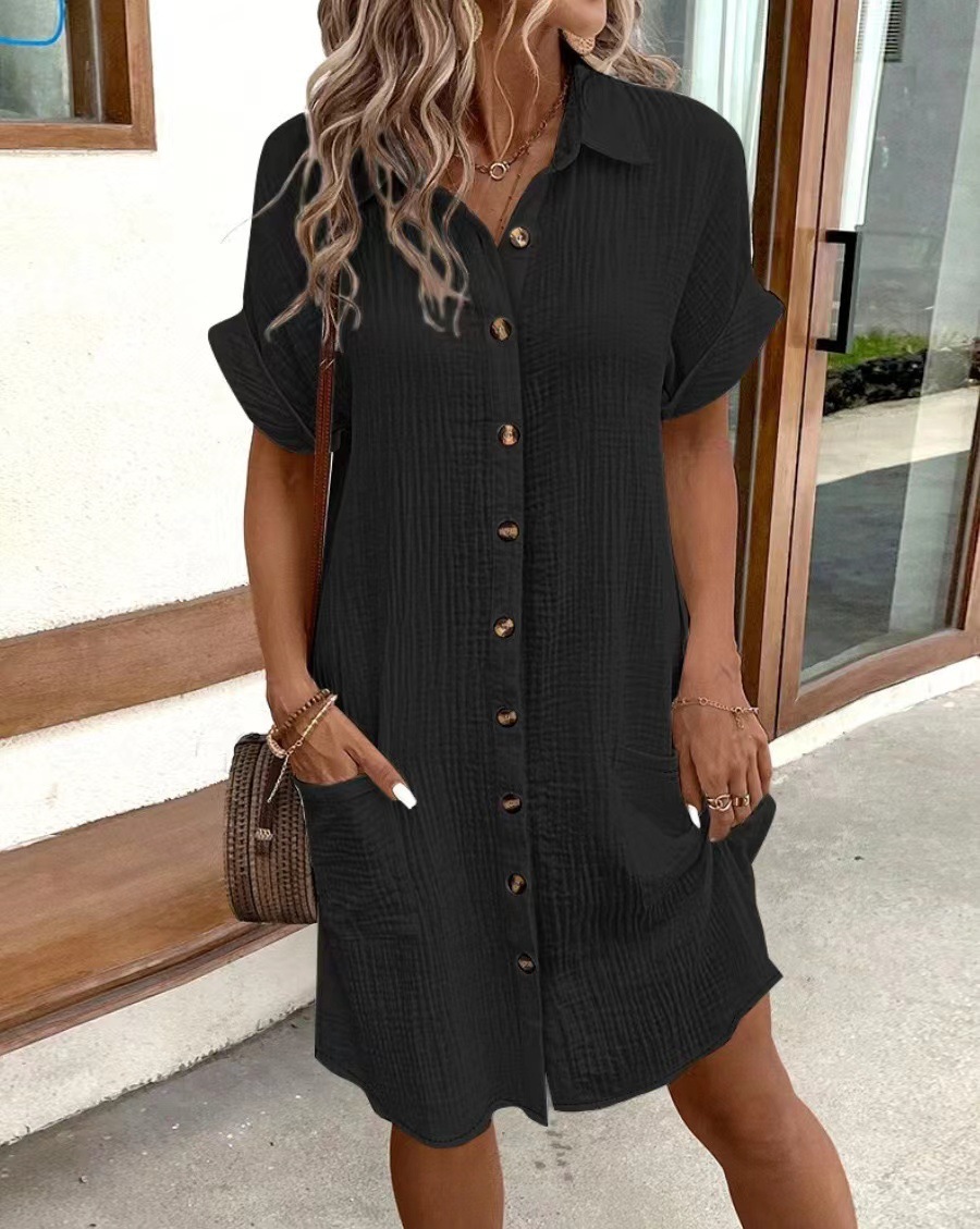 V-Neck Button Cotton-Linen Shirt Dress Women's Casual Vacation Dress