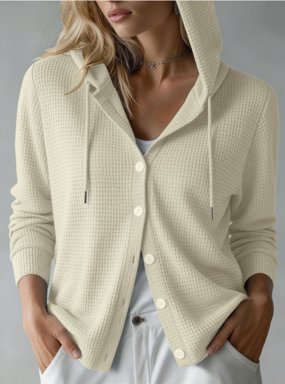 Waffle Knit Hooded Button-Front Cardigan