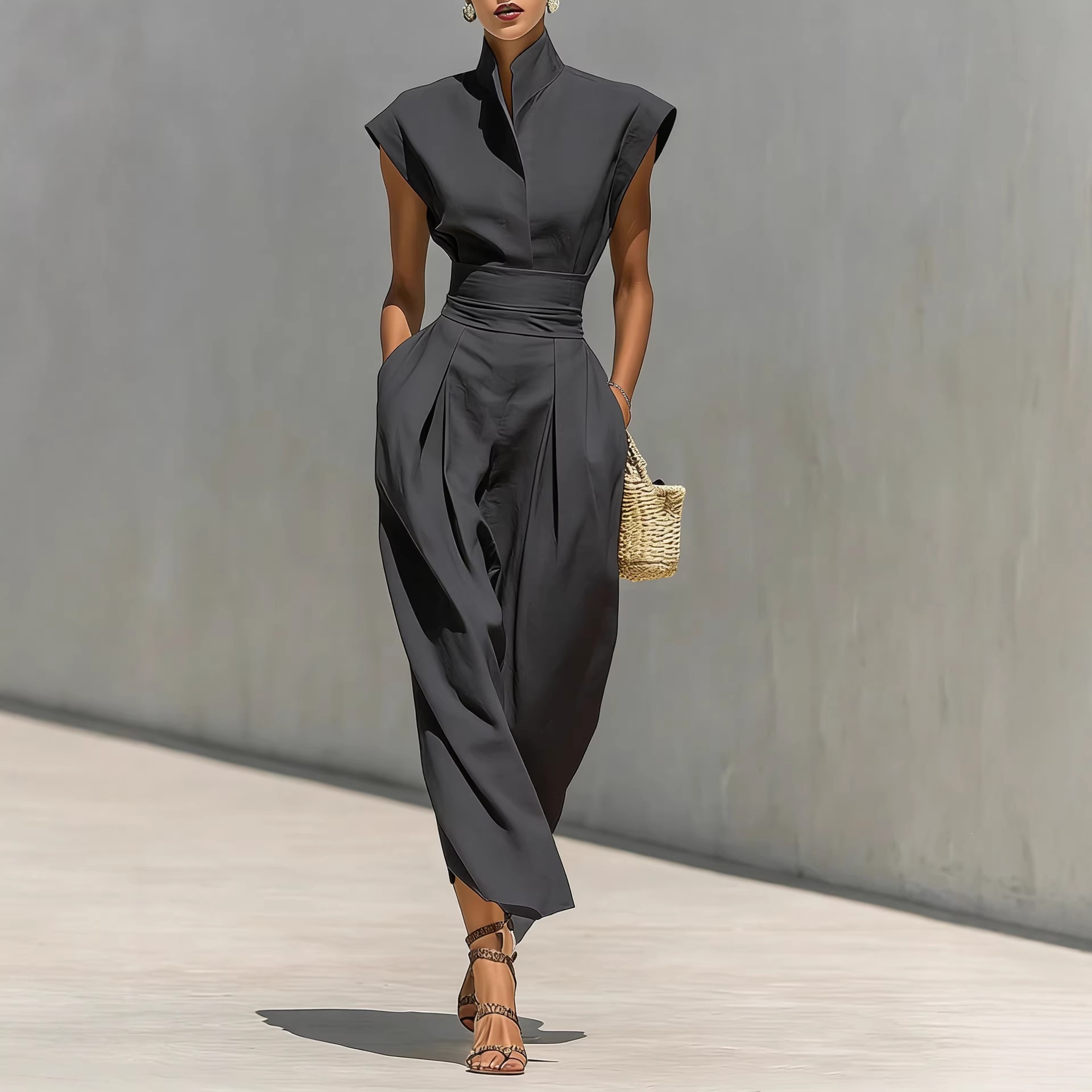 High-Waist Midi Skirt & High-Neck Loose Top Commuter Dress Set