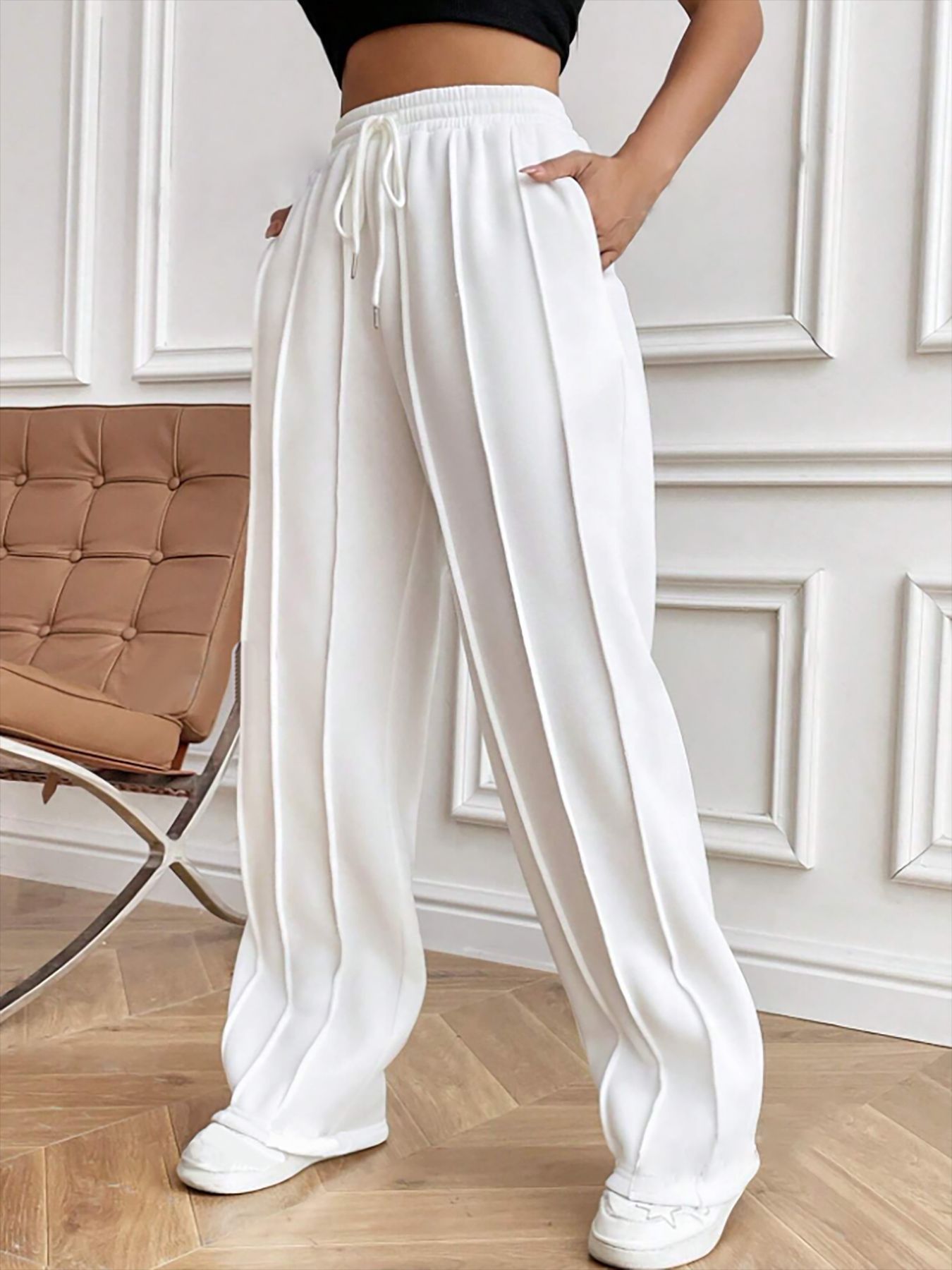 Women's Casual Drawstring Straight-Leg Track Pants with Vertical Stripes