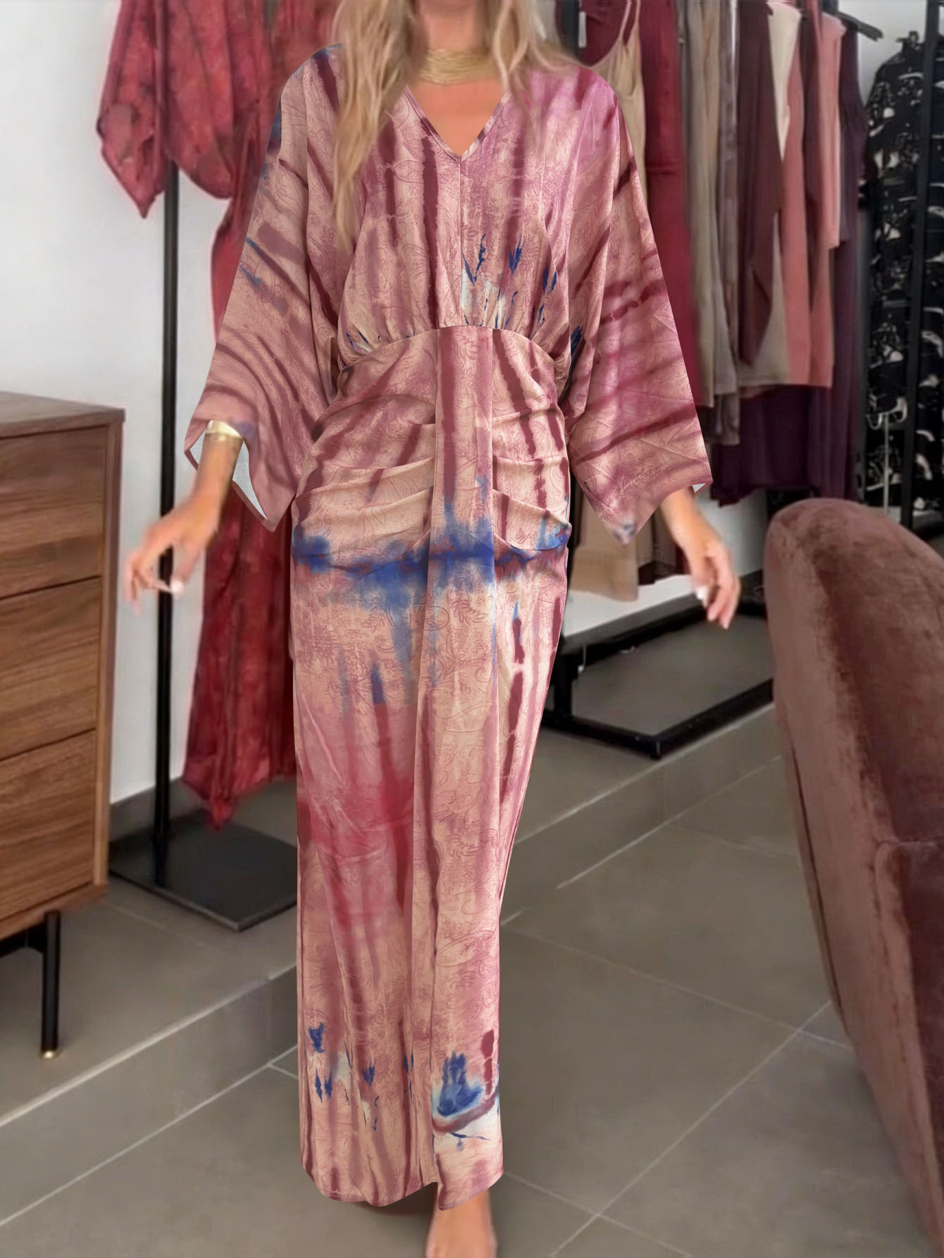 Boho Tie-Dye V-Neck Batwing Sleeve Maxi Dress