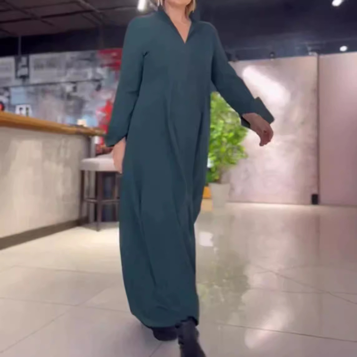 Women's Casual Solid V-Neck Long Sleeve Pocket Dress