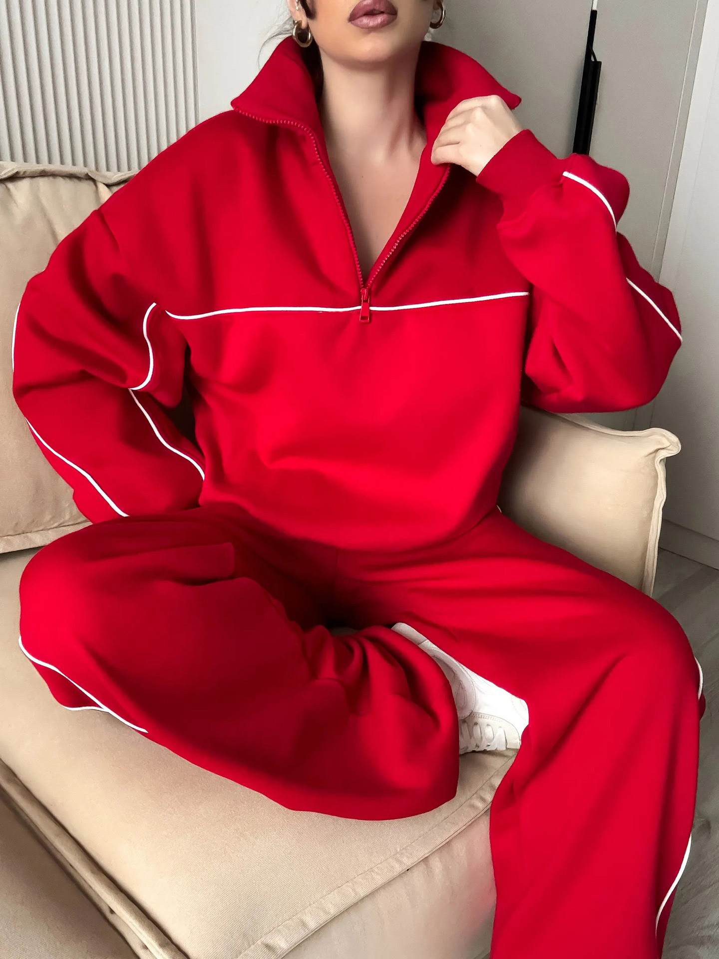 Women's Casual Solid Color Long Sleeve Half-Button Top and Elastic Waist Pants Two-Piece Set
