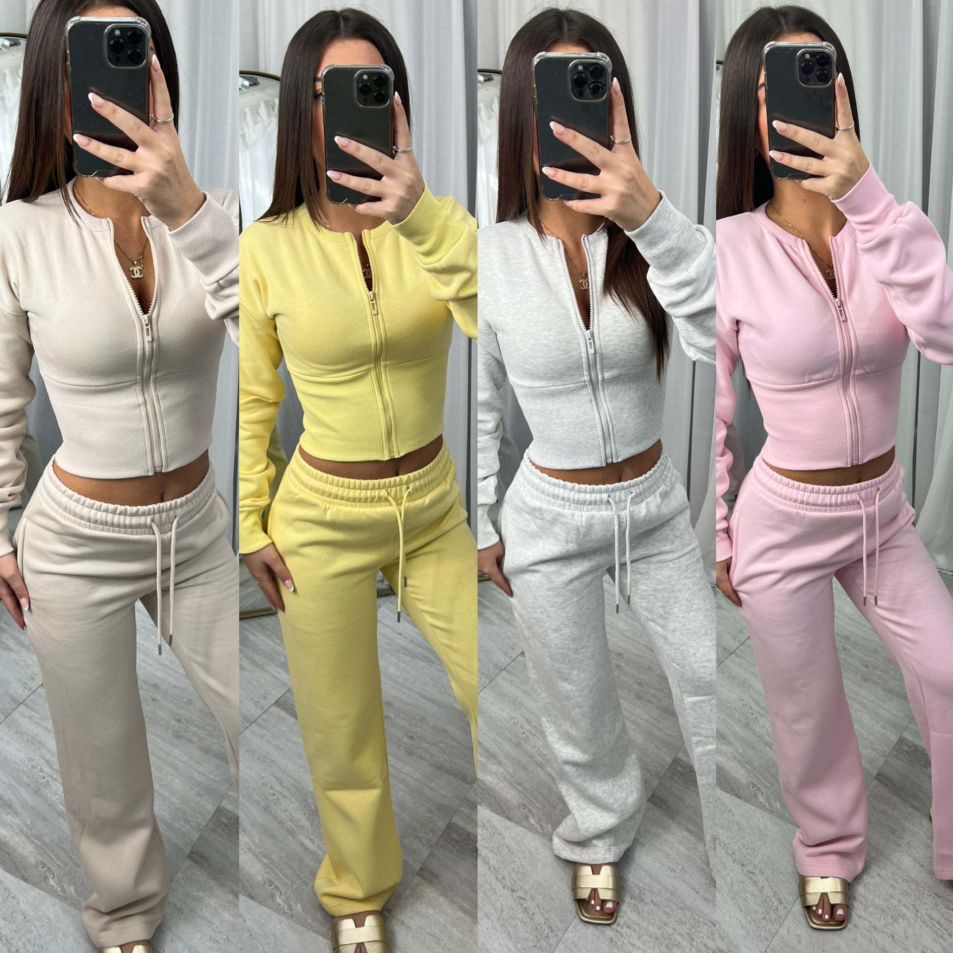 Women's Solid Color Zip Cardigan & Elastic Waist Pants Set Casual Knit