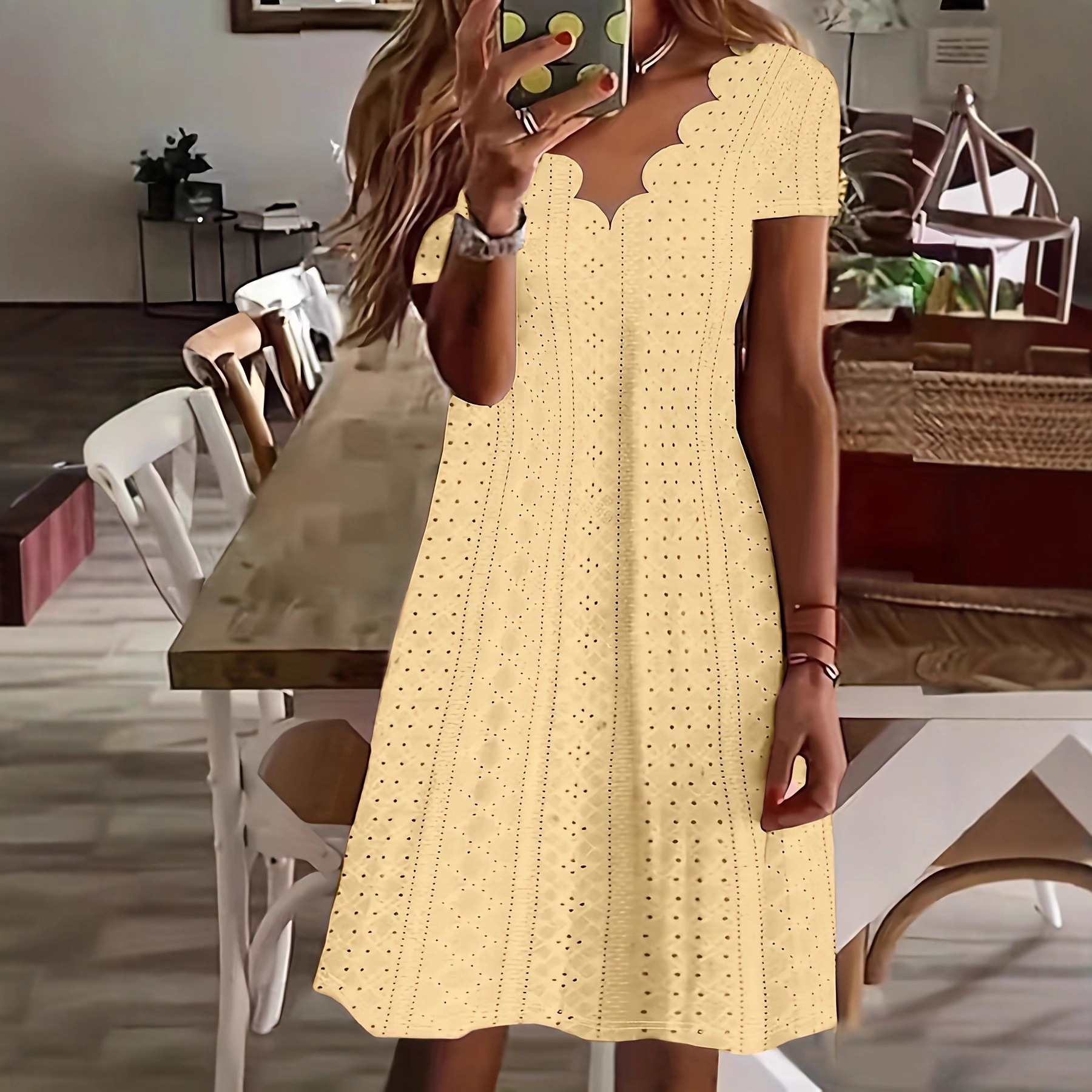 Women's Casual Loose Round Neck Hollow-Out Jacquard Short Sleeve A-Line Dress