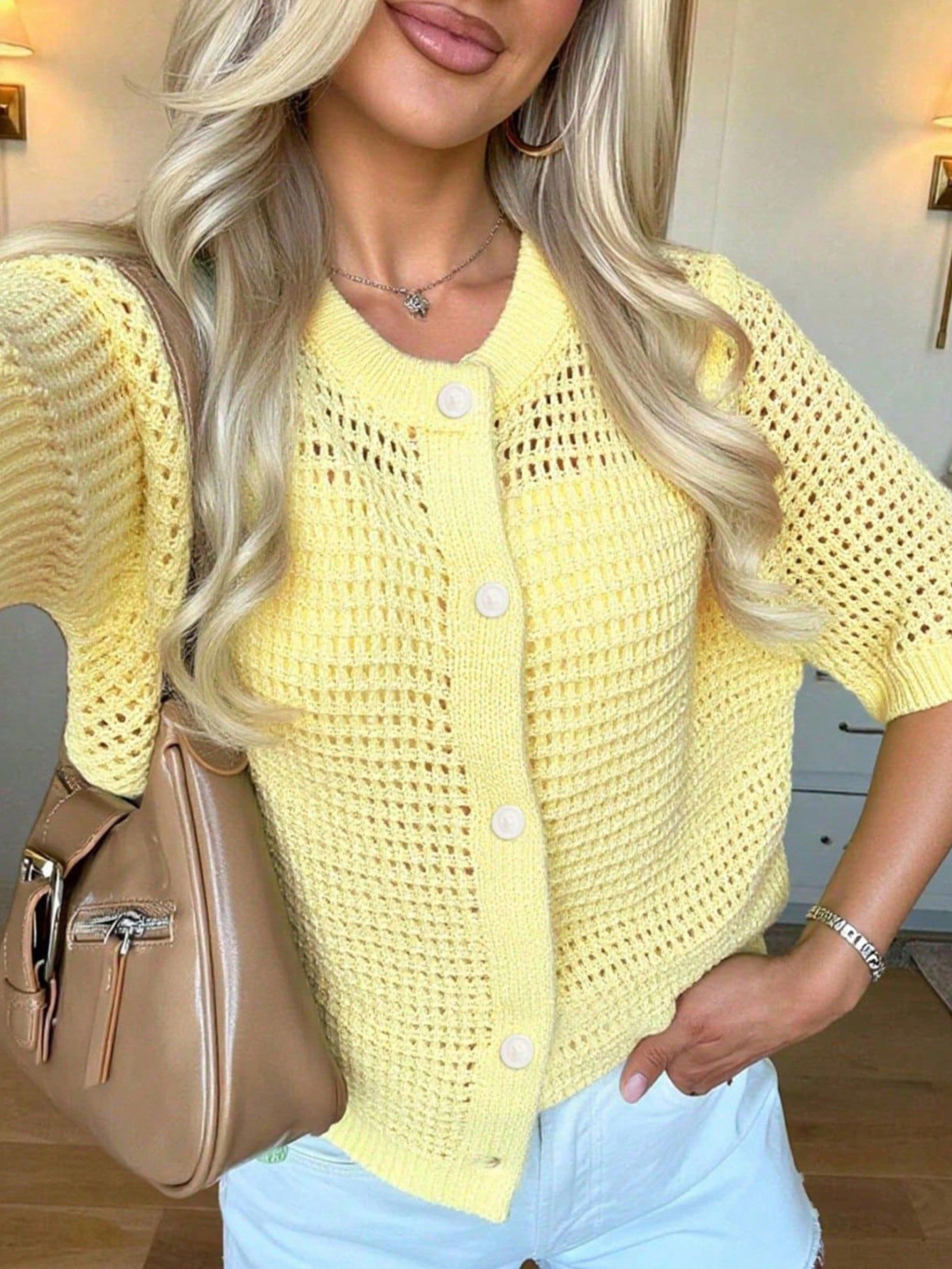 Women's French Style Crewneck Hollow Knit Short Sleeve Cardigan Sweater