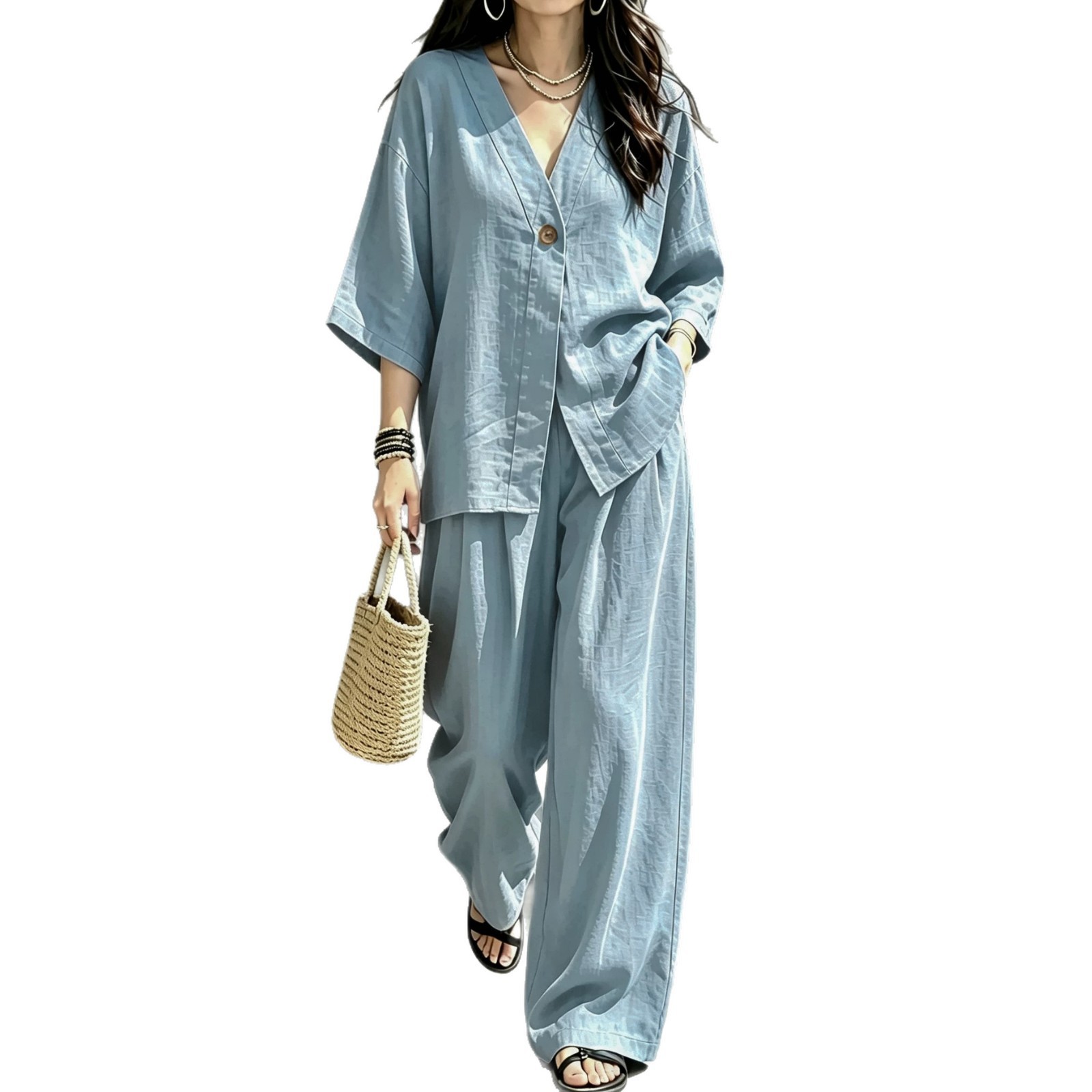 Women's V-Neck One-Button Loose Long-Sleeve Top & High-Waist Suit Pants Two-Piece Set