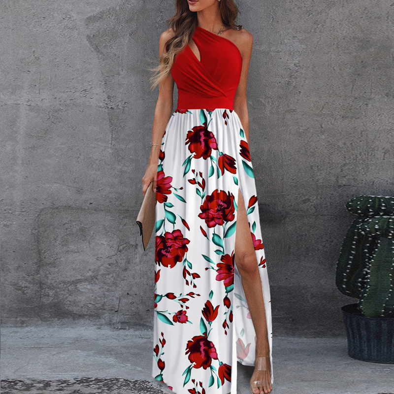 One-Shoulder Sleeveless High-Waist Slit Maxi Dress