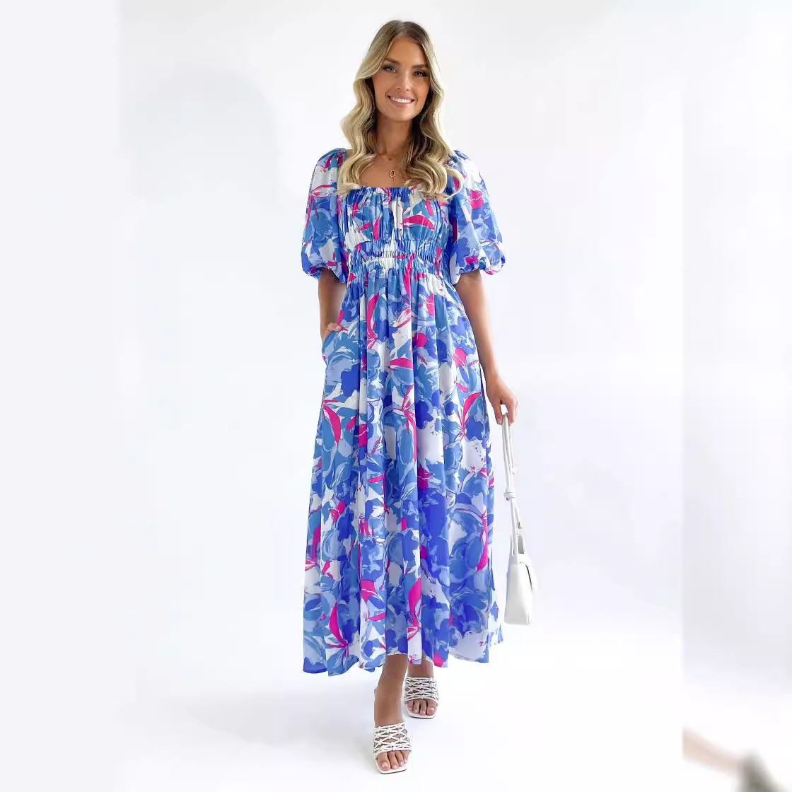 Women's Square Neck Floral Print Puff Sleeve High Waist Long Dress