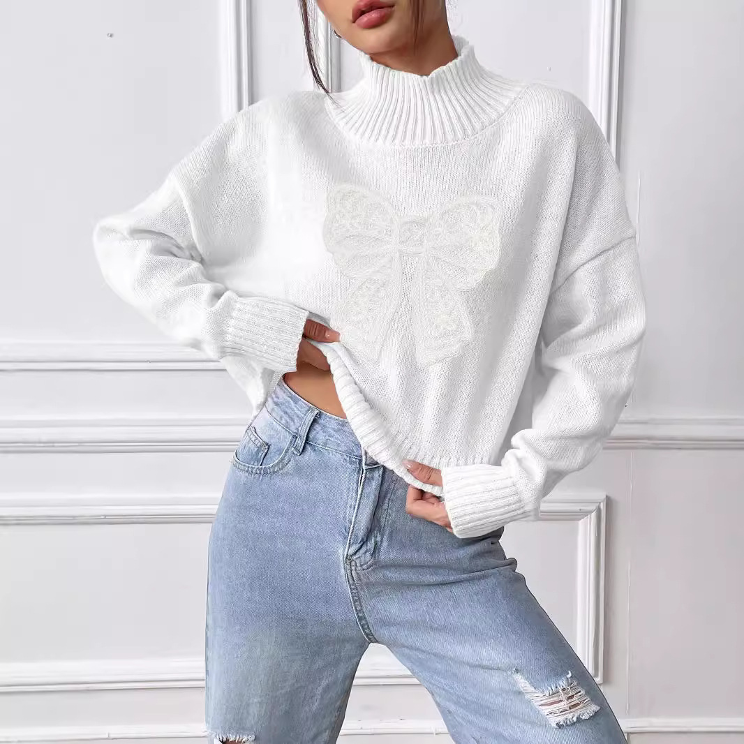 Bow Embroidered High Neck Pullover Sweater Applique Patchwork Short Top