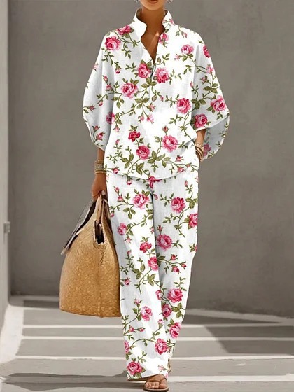 Women's Polka Dot Floral Print Long Sleeve Button-Up Top Set