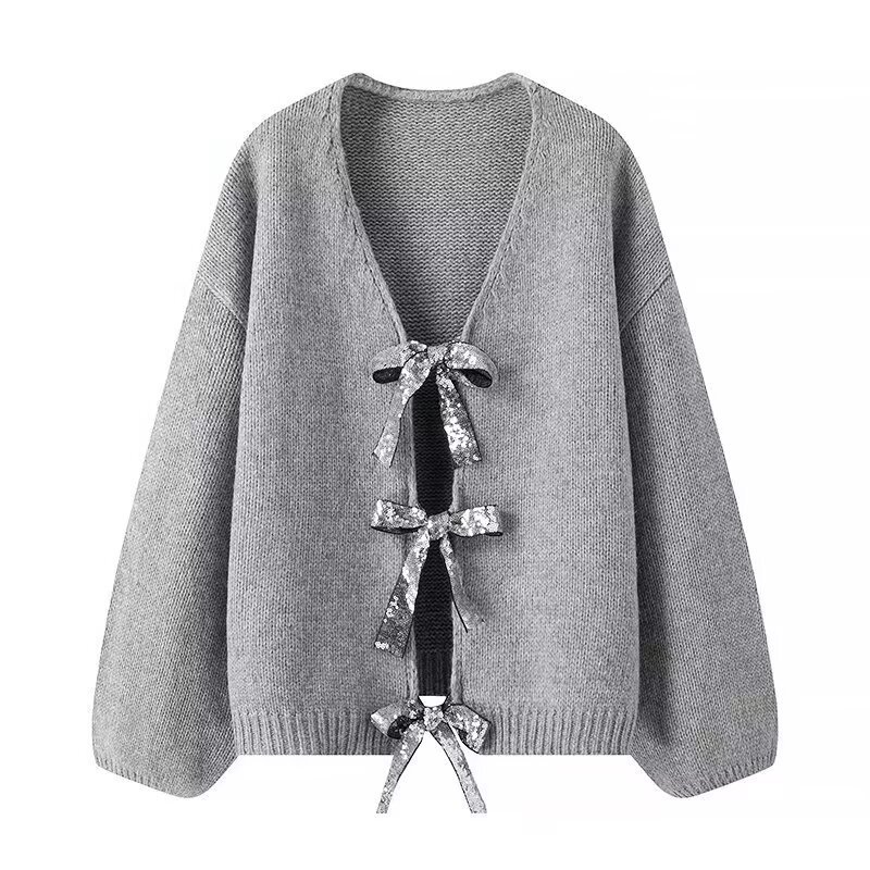 Sequin Bow Knit Cardigan Sweater