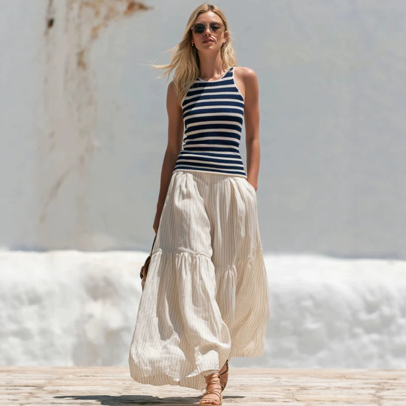 Women's Casual Retro Blue Striped Knit Vest & Beige Cotton-Linen Pants Set
