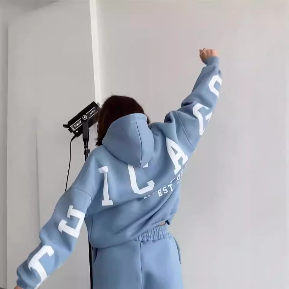 Women's Loose Back Print Hooded Sweatshirt and Pants Set