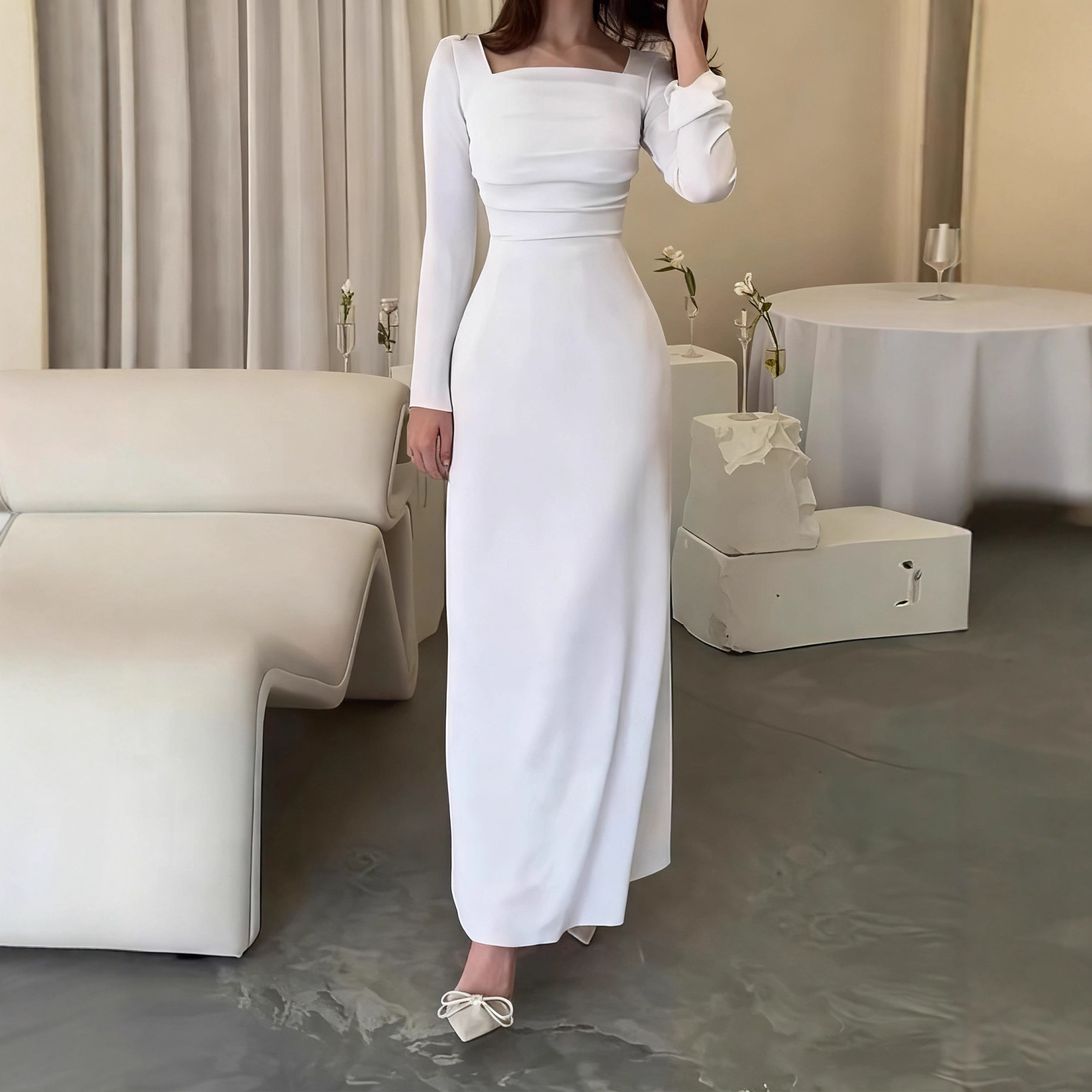 Women's Square Neck Long Sleeve Knit Dress Slim Fit Long Dress