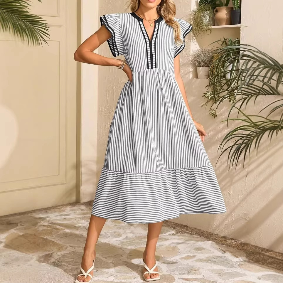 Striped Double Ruffle Short Sleeve Colorblock V-Neck Dress