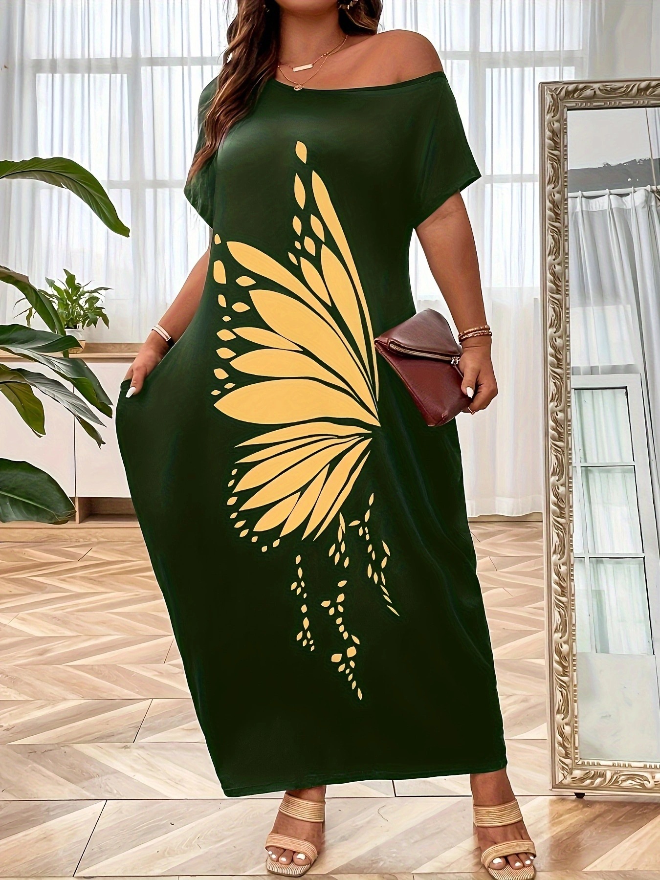 Women's Casual A-Line Butterfly Print Midi Dress U-Neck Short Sleeve