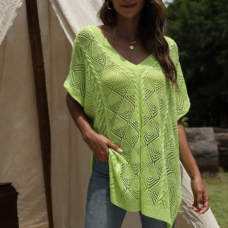 Women's Summer Batwing Sleeve V-Neck Hollow-Out Knit Cover-Up