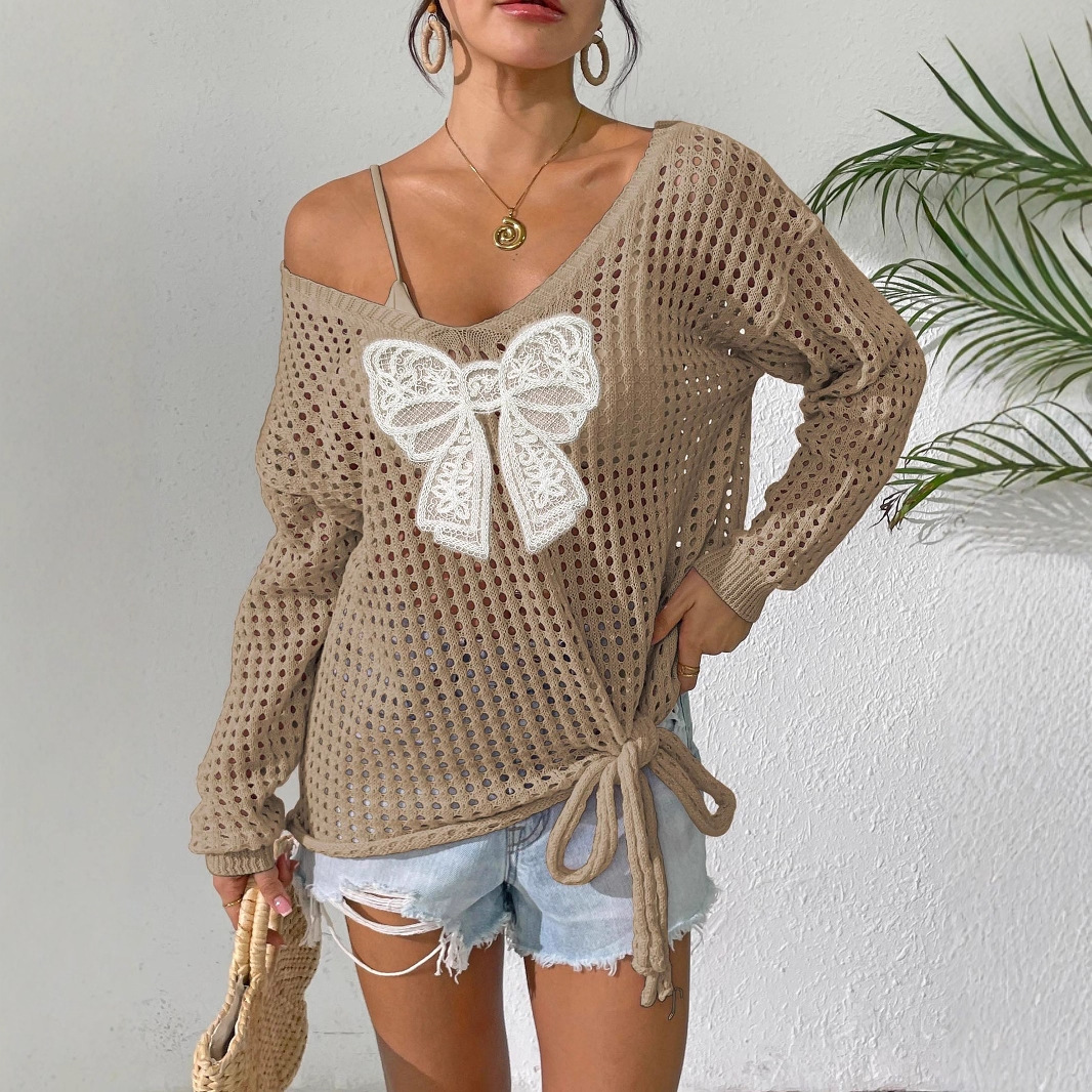 Women's Open-Knit Butterfly Pullover Sweater with Tie Detail
