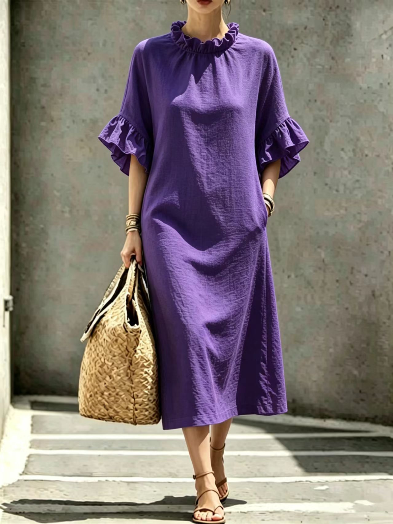 Ruffled Collar Petal Sleeve A-Line Midi Dress