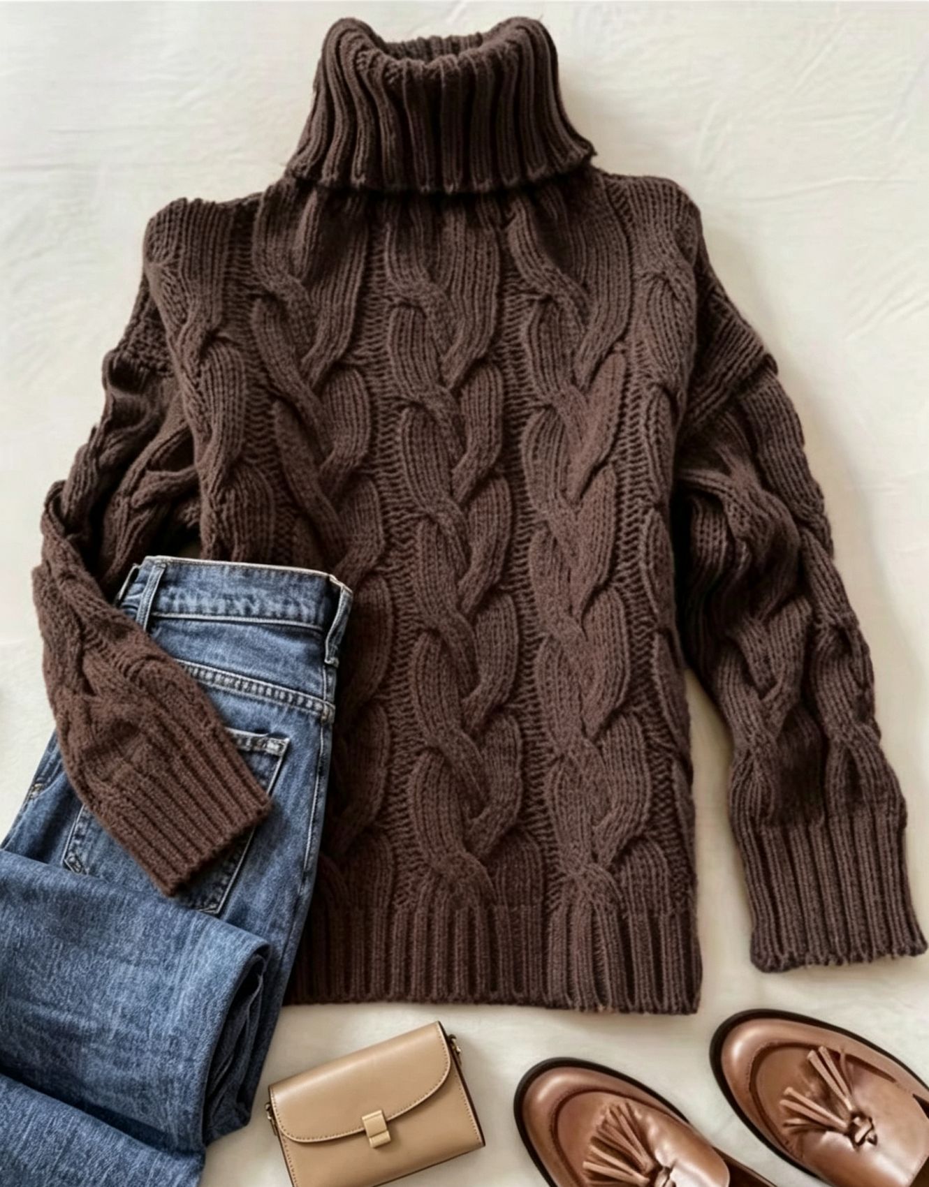 Cable-Knit Turtleneck Long-Sleeve Pullover Sweater