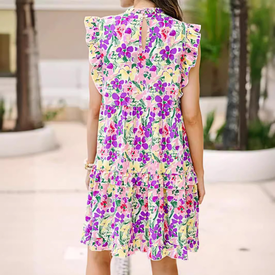 Women's Floral Print Tiered Dress with Ruffle Trim and Stand Collar
