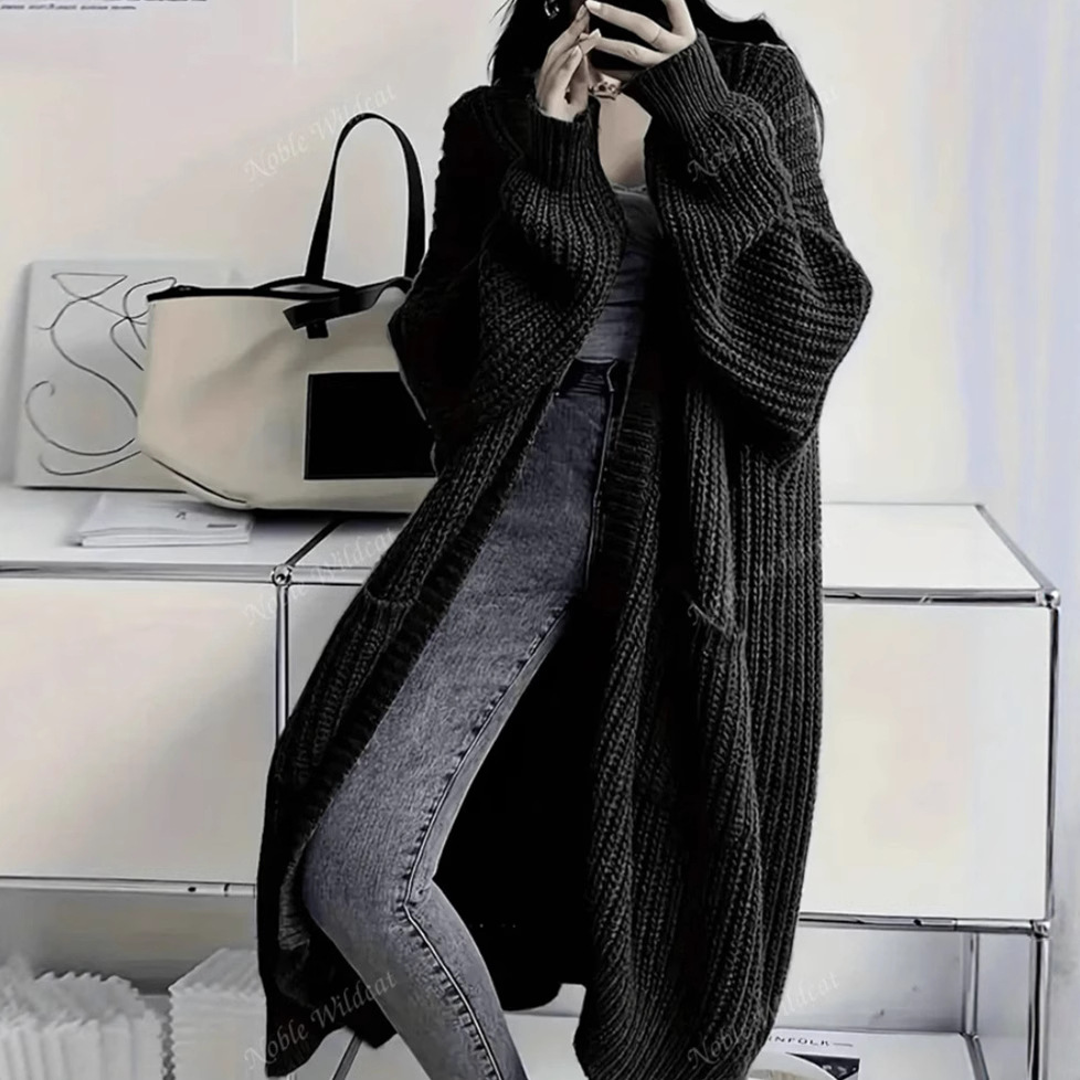 Women's Long Over-Knee Knit Cardigan Loose V-Neck Open Front Sweater Coat