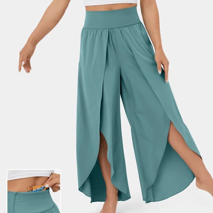 High-Waist Wide-Leg Yoga Pants with High Slit