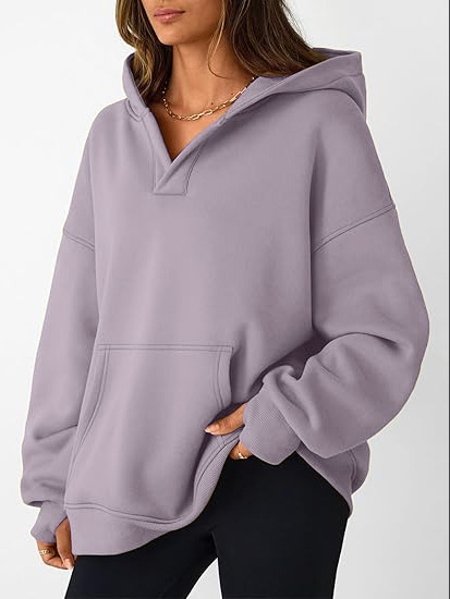 Women's V-Neck Hooded Pullover Sweatshirt with Thumbholes Cotton Fleece Casual Top