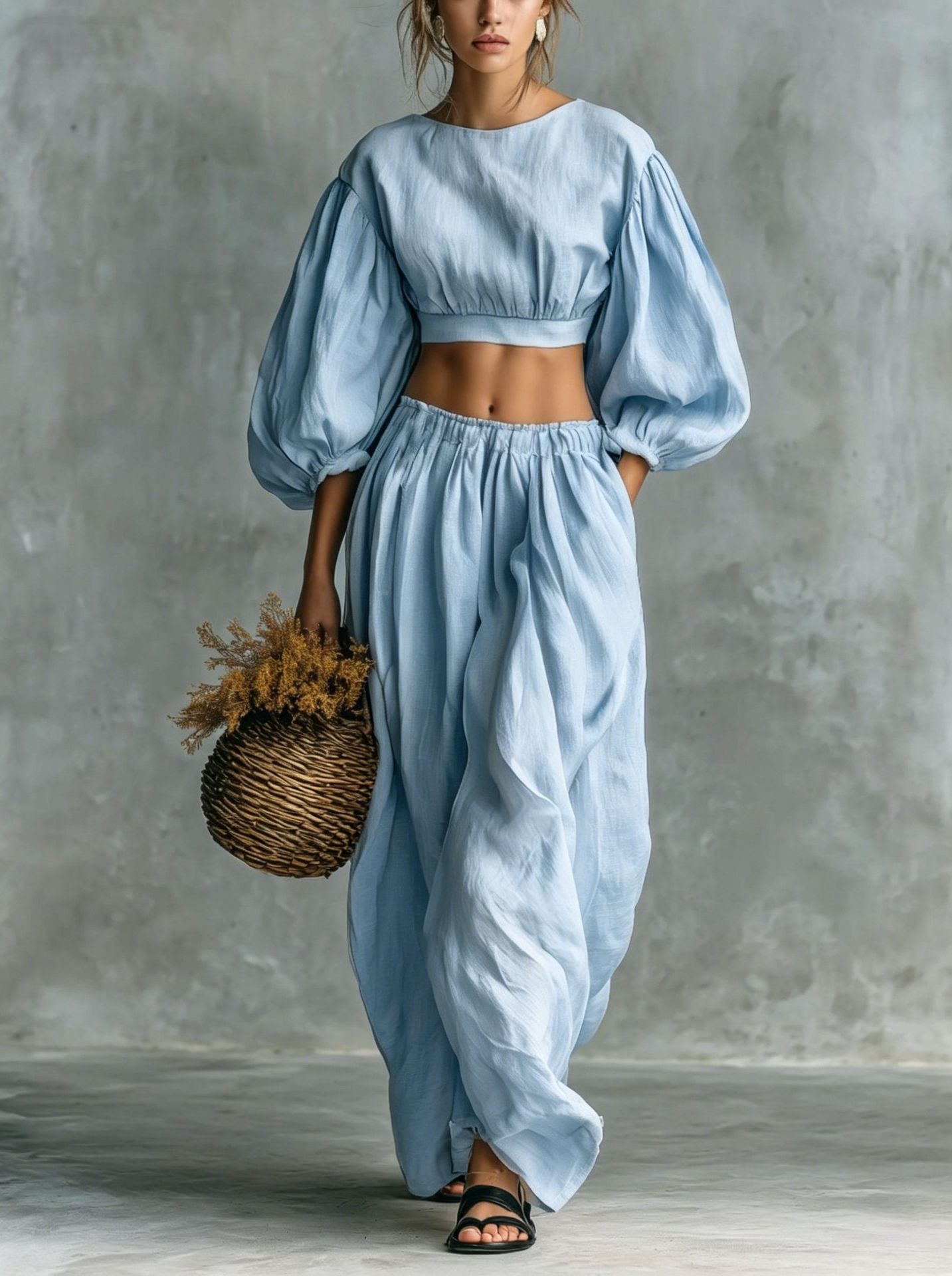 Women's Crewneck Puff Sleeve Pocket Pants Casual Set