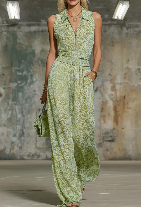 Retro Elegant Leopard Print Lapel Sleeveless Chiffon Top and Wide-Leg Pants Set