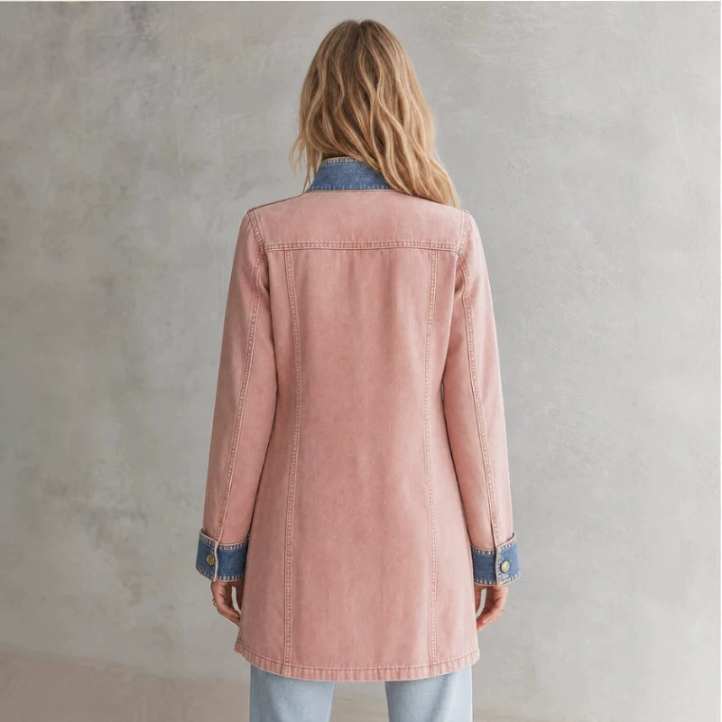 Retro Pink Denim Jacket for Women Casual Mid-Length