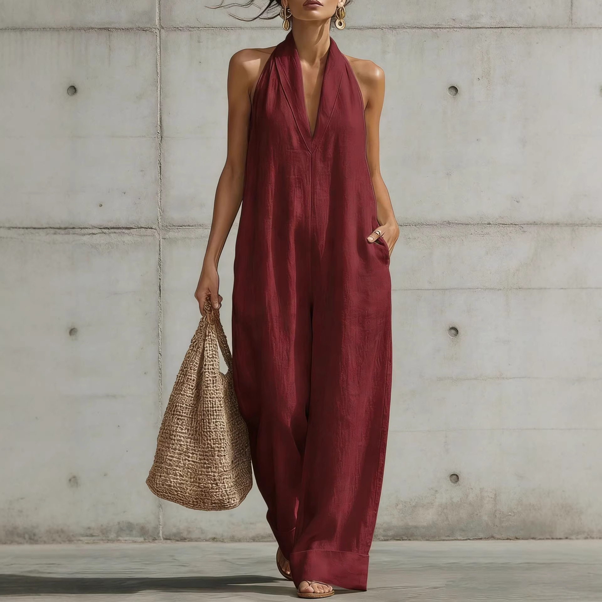 Women's Solid Cotton-Linen Sleeveless Casual Jumpsuit
