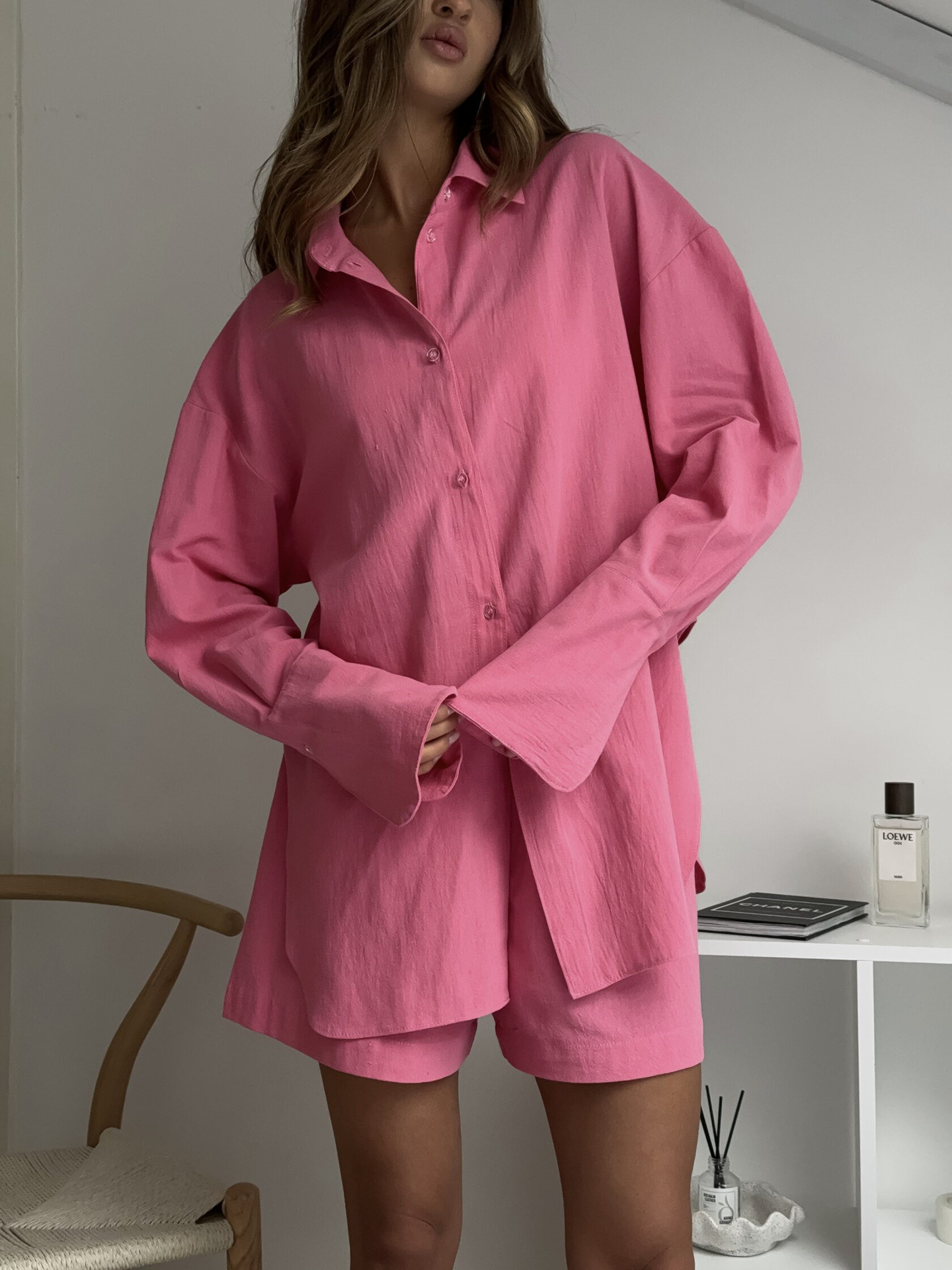 Women's Casual Solid Short Sleeve Shirt and Elastic Waist Shorts Two-Piece Set