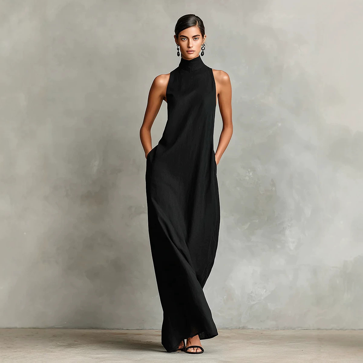Linen-Blend High-Neck Sleeveless A-Line Long Dress with Side Pockets