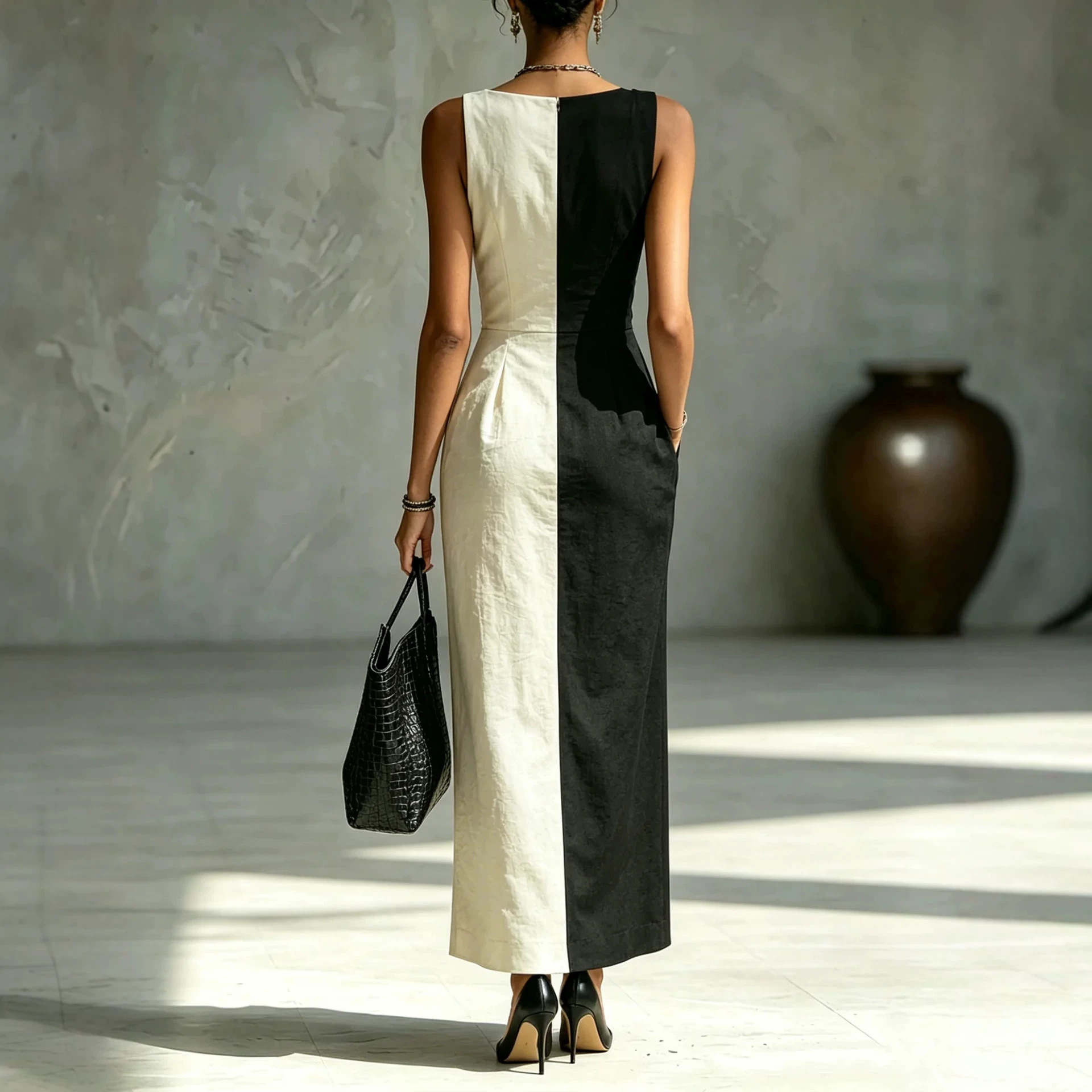 French One-Shoulder Cami Dress Colorblock A-Line Midi