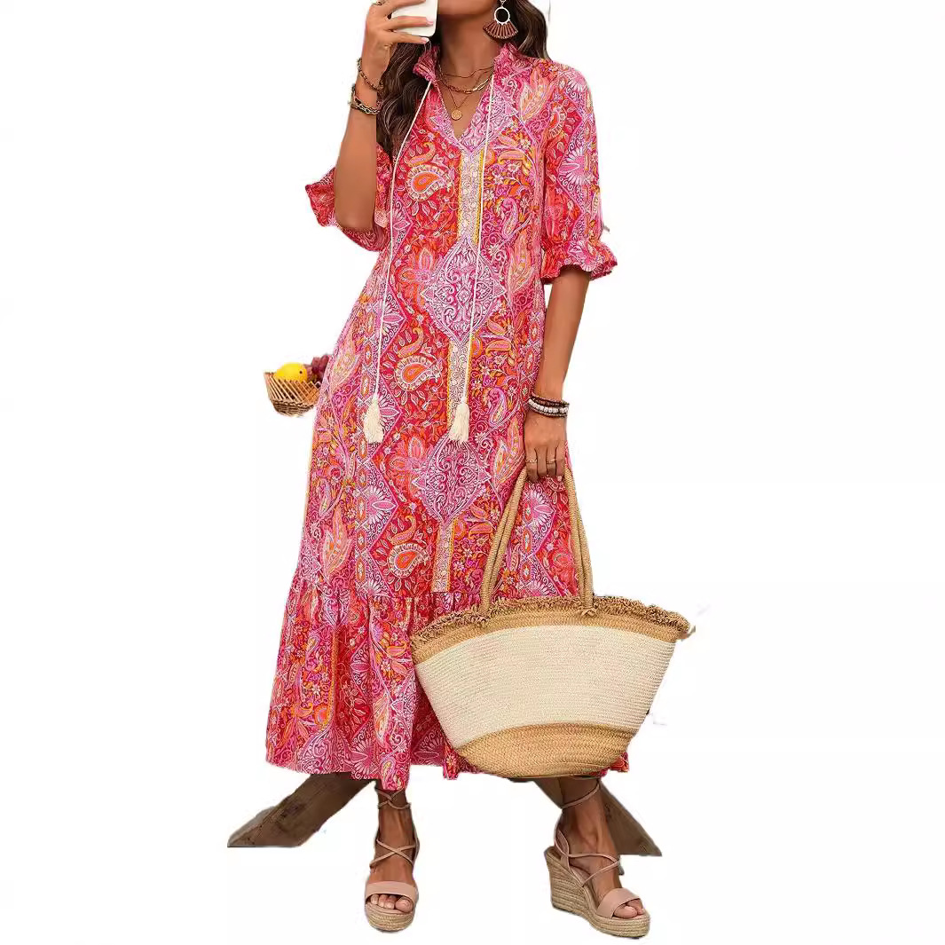 Women's Floral Print Tie-Neck Midi Dress with Ruffle Hem